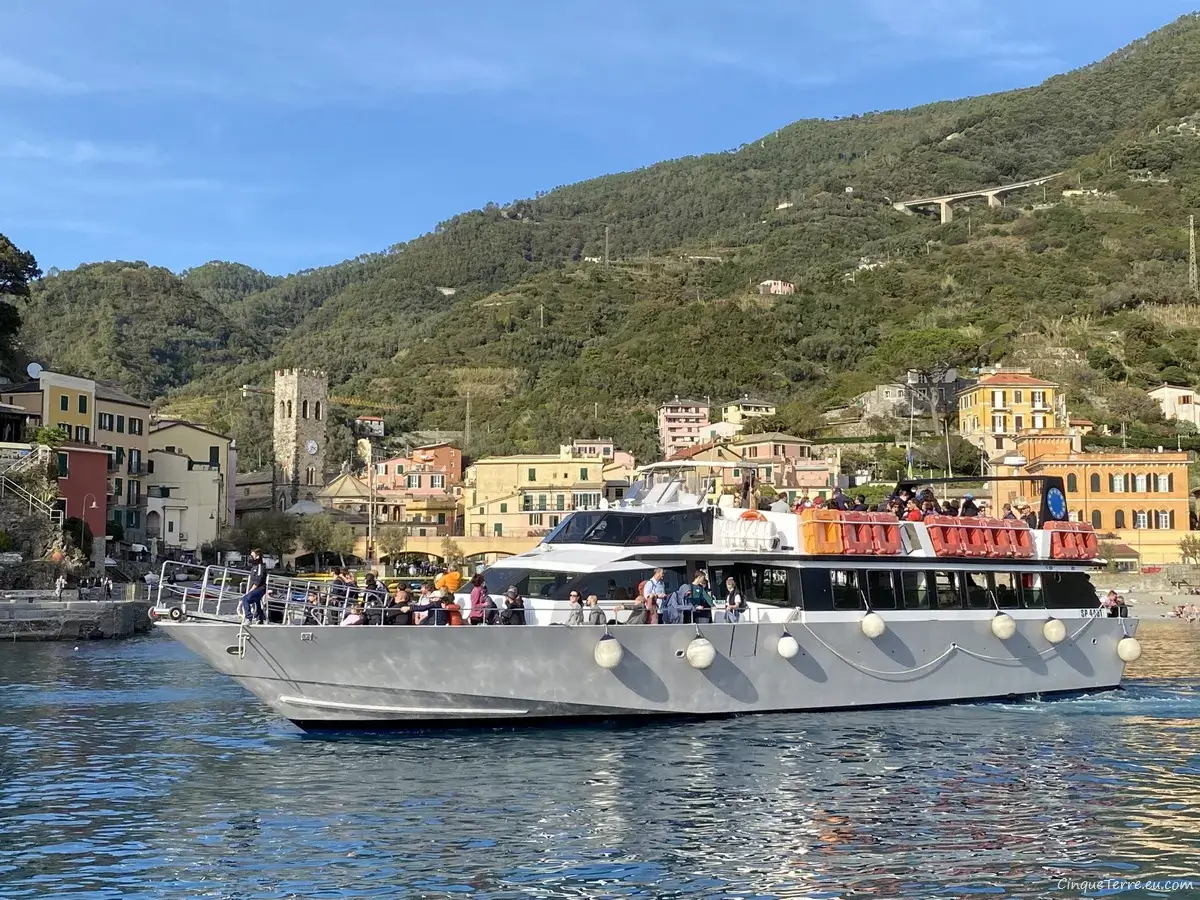 A ferry waits to leave from one of the five towns of Cinque Terre