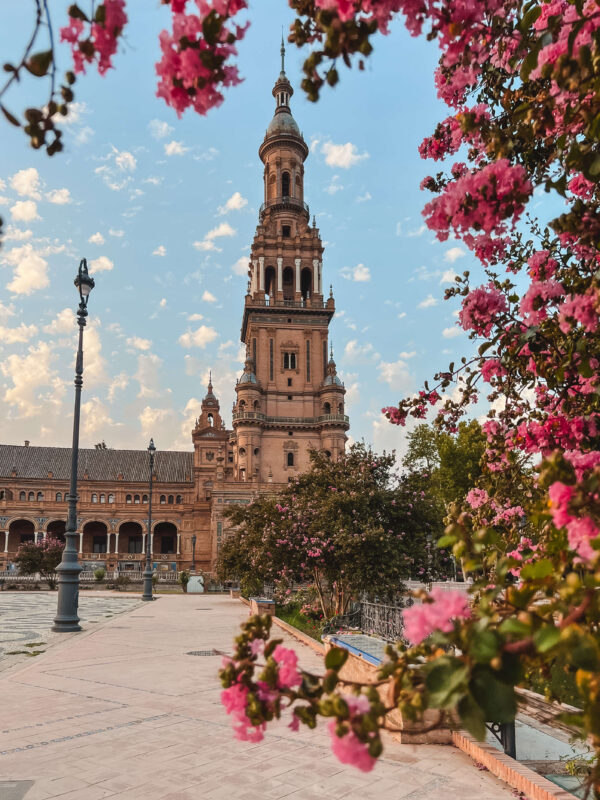 Tower at Plaza de España framed by bright pink flowers and a blue sky with scattered clouds. The colorful architecture and open walkways make this one of the best things to do in Seville for free.