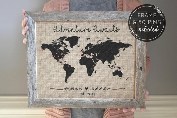 A great Valentine's day gift for travellers is this 'adventure awaits' burlap push pin map that can be personalised with your names.